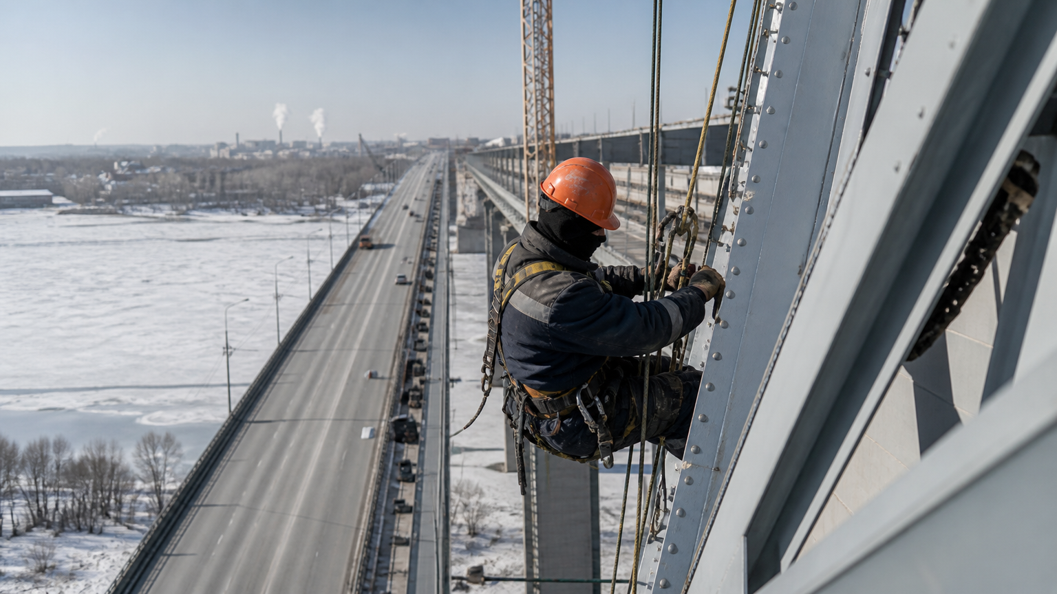 Строители монтируют громоотводы на четвёртом мосту в Новосибирске
